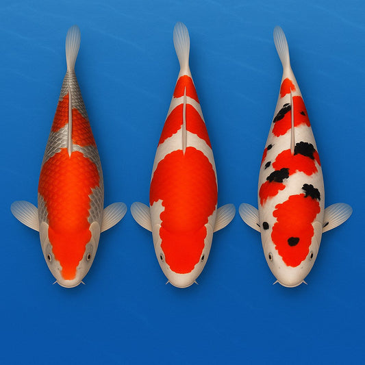 Drei KOI Varietäten: Kujaku, Kohaku, Sanke