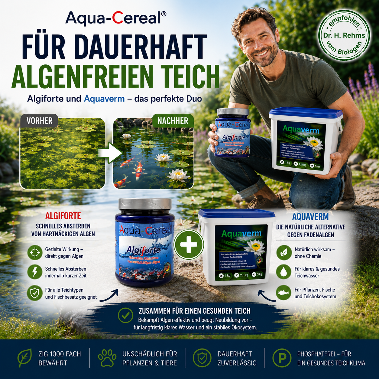 Algiforte und Aquaverm das perfekte DUO für einen algenfreien Teich auf Dauer.