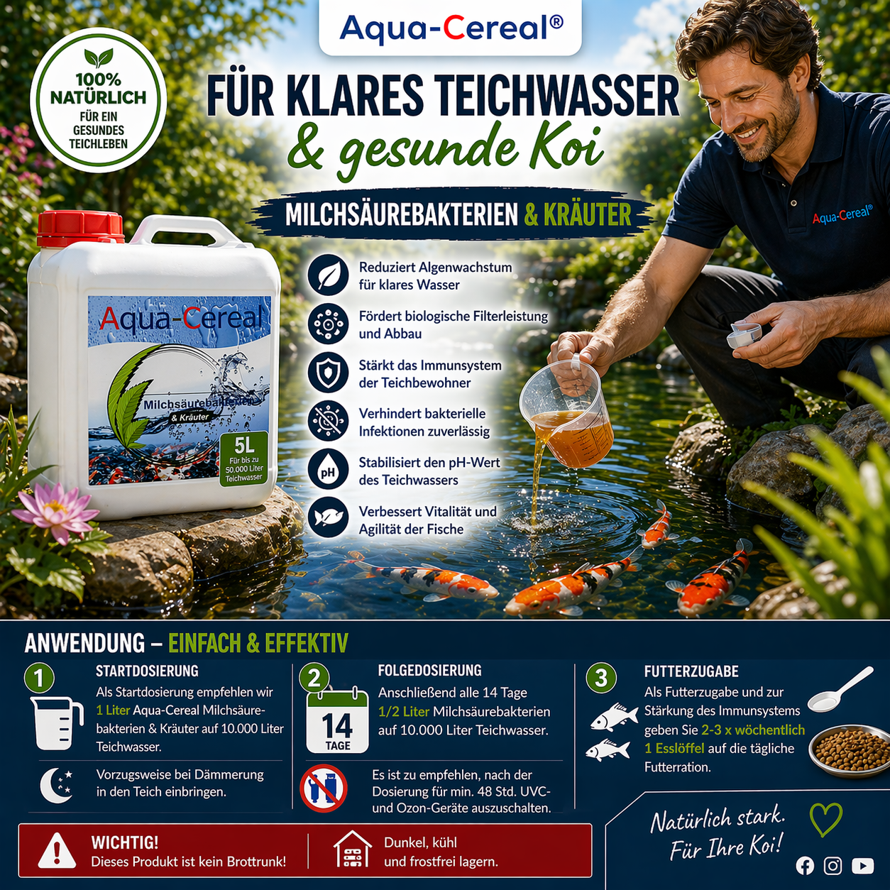 Milchaeurebakterien vorbeugend gegen Algen im Teich.