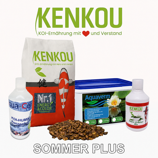 Sommer Plus Spar-Set mit Koifutter, kräuter-Mix, Seidenraupen, Aquaverm und Huminsäure