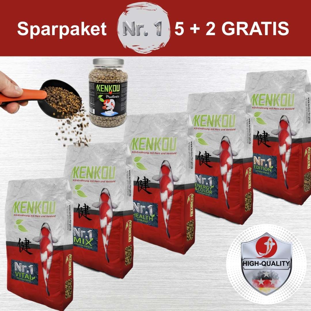 Koifutter 25 kg KENKOU Nr.1 mit 25% Rabatt und kostenlose Futterschuafel und 1 kg Koi Praline grastis