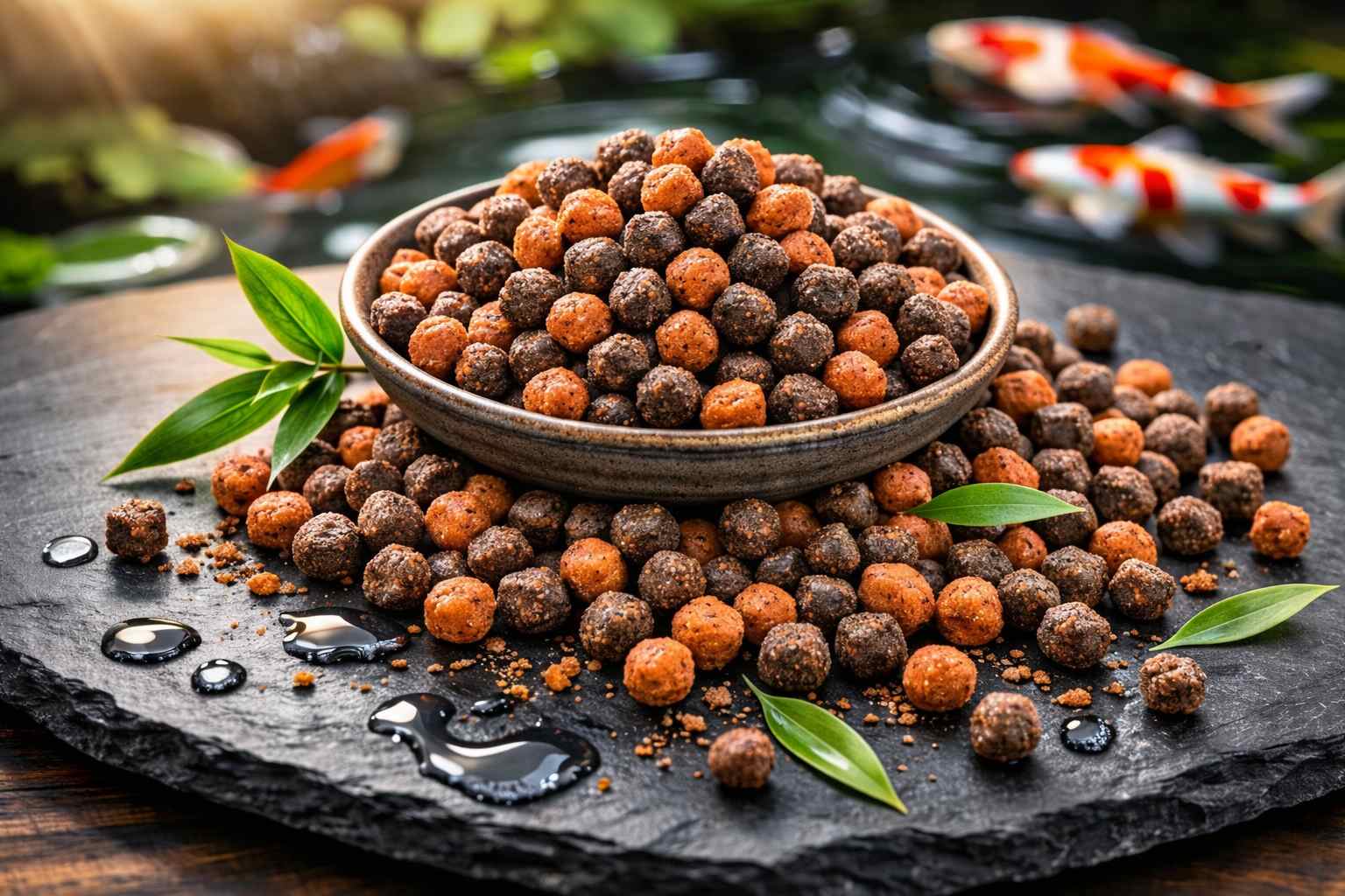 KENKOU Koifutter Vita Immun Pellets auf Schieferplatte